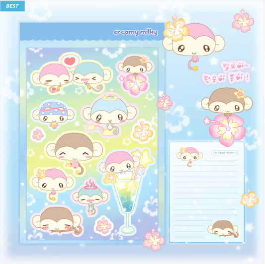 creamy milky: Aloha Monkey Bear sticker sheet
