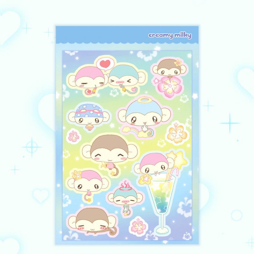 creamy milky: Aloha Monkey Bear sticker sheet